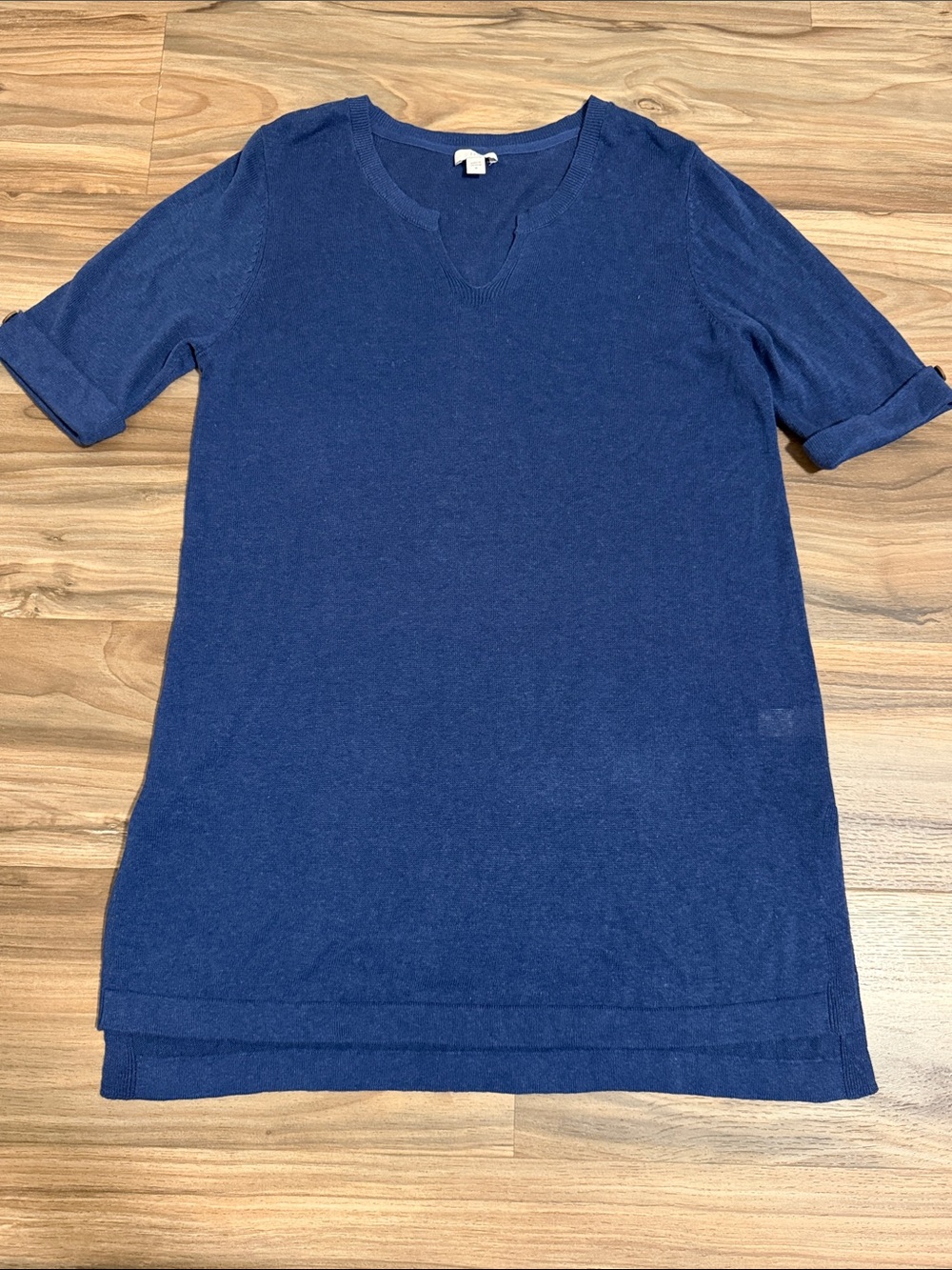 J Jill Women M Split Neck Lightweight Sweater Tunic Blue Linen Blend Lagenlook